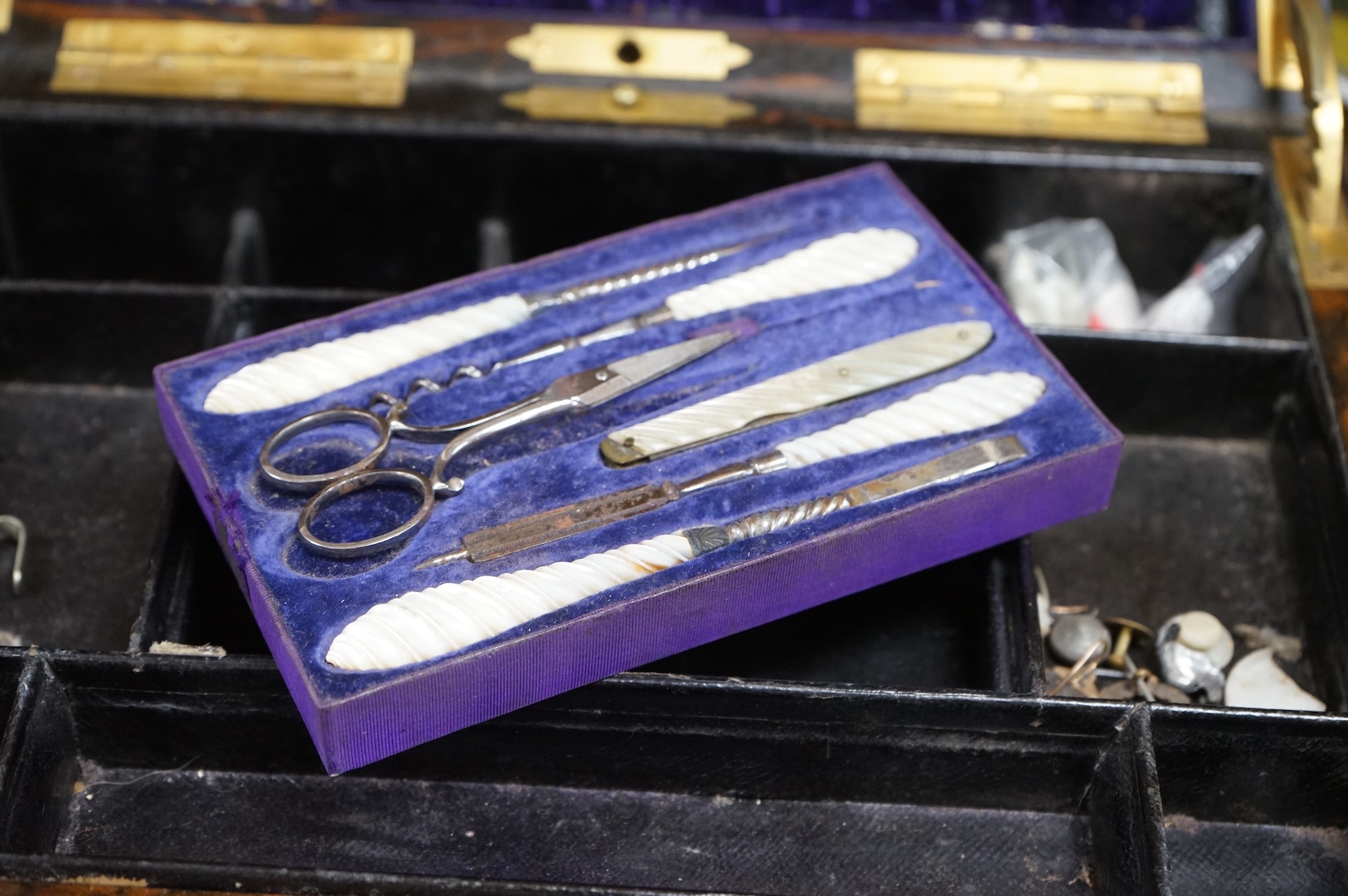 A 19th century brass bound coromandel dressing box, 31cm wide x 20cm high